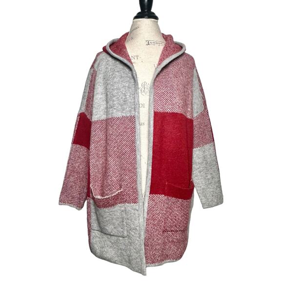 NVLT Sweaters - NVLT | Women | Red Gray Hooded Oversized Plaid Hooded Cardigan | Size Small
